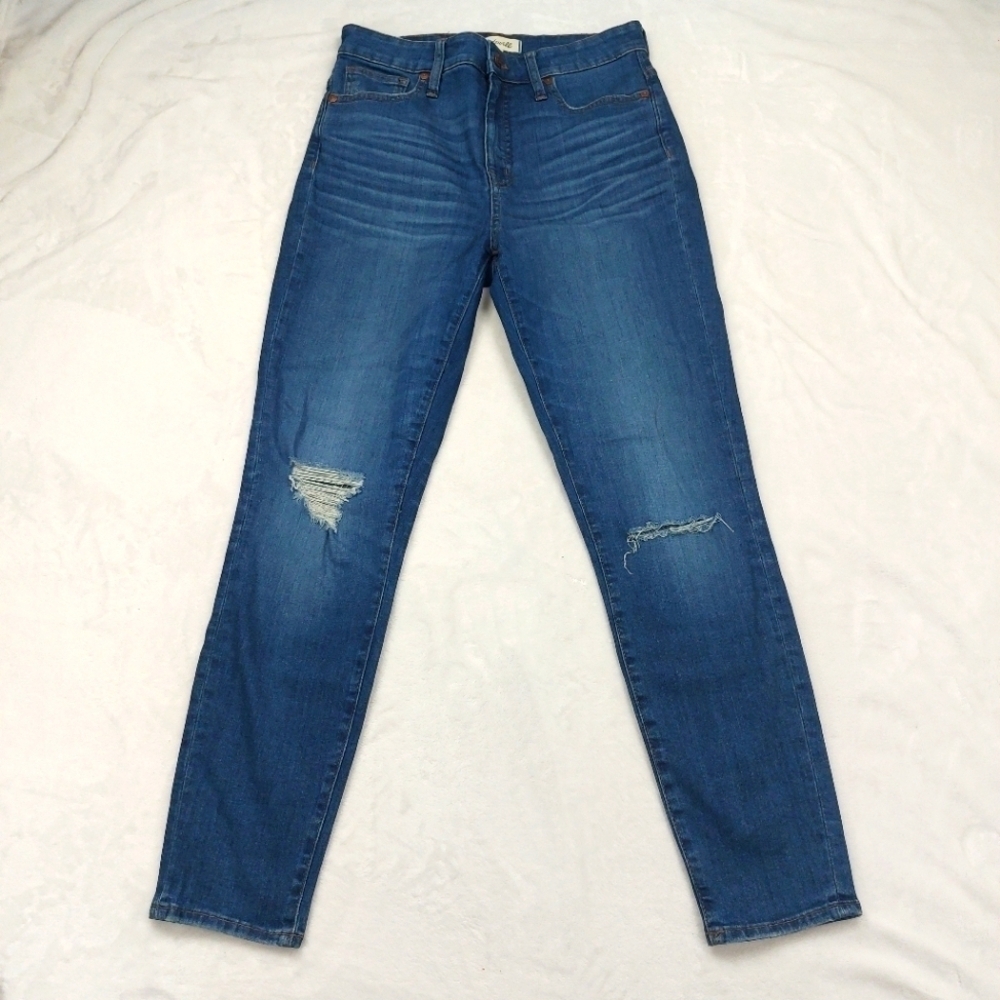 MADEWELL WOMEN'S CURVY HIGH RISE SKINNY CROP DISTRESSED BLUE JEANS SIZE 28 TALL